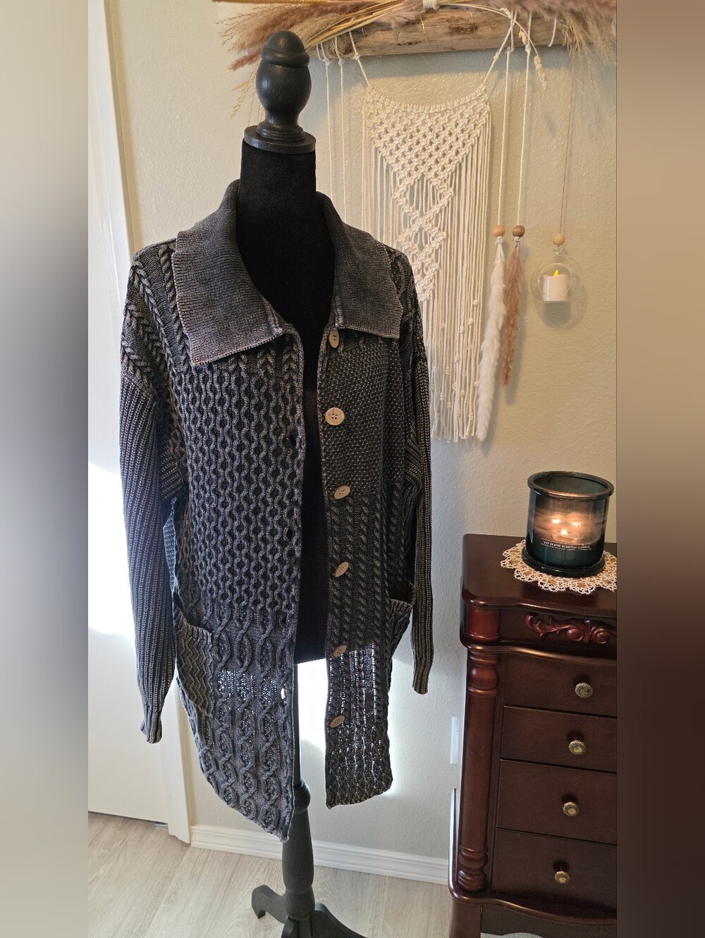 BKE Textured Black 100% Cotton Cable Knit Button Cardigan Sweater Small